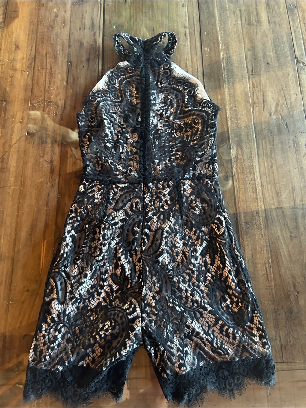 Sleeveless Black Lace Overlay romper with Nude Underlay - Picture 2 of 2